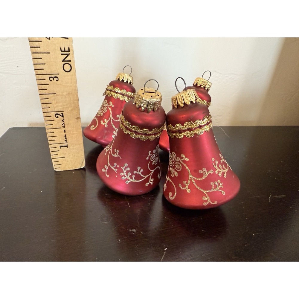 CHRISTMAS BY KREBS Glass BELL Ornaments Red w/ Gold Glitter Set of 4 No Box